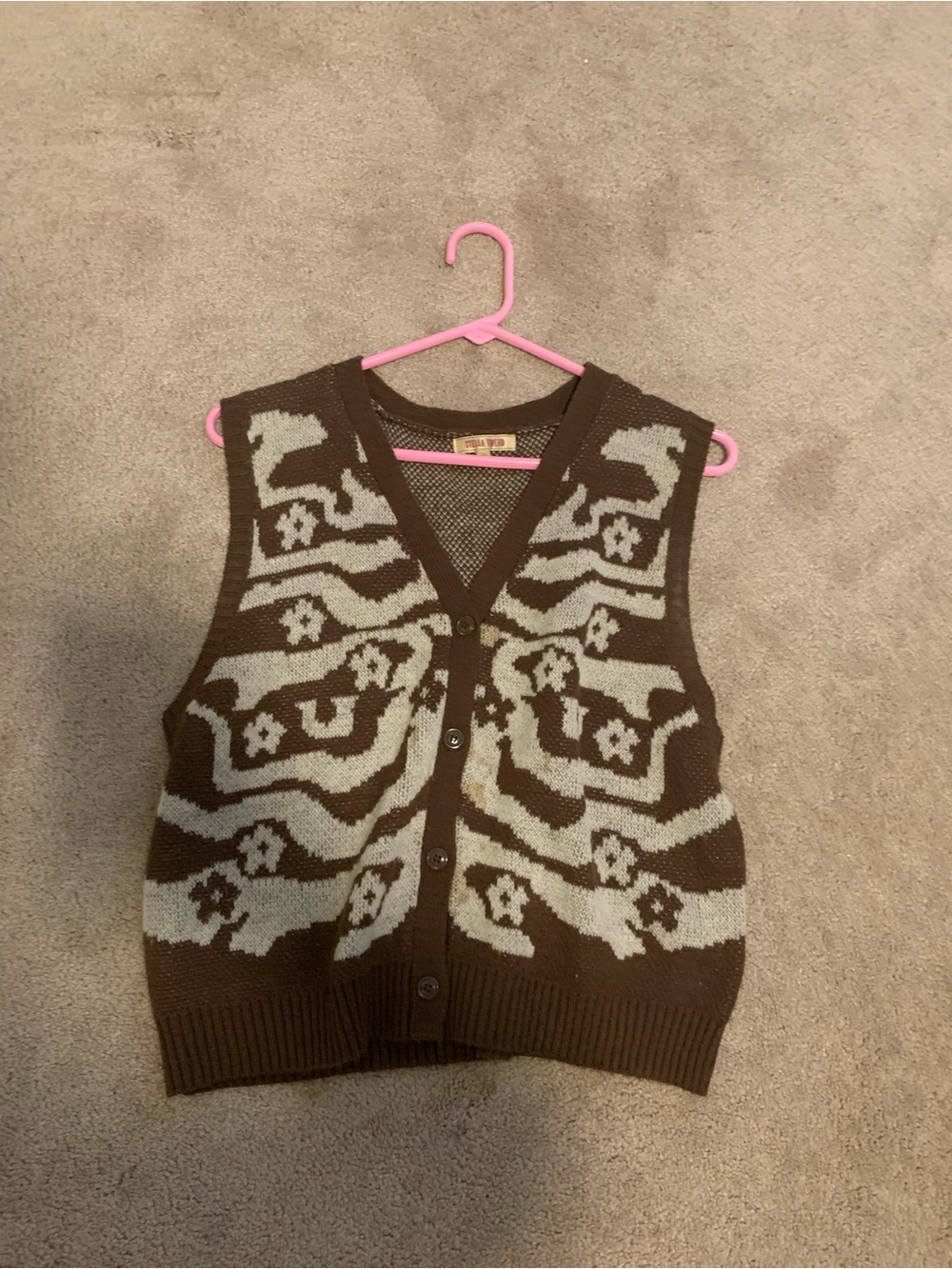 Brown & Cream Patterned Knit Button-Up Vest